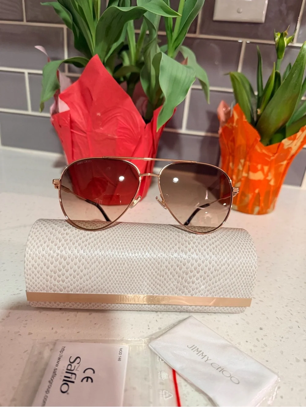 Jimmy Choo Rose Gold Aviator Sunglasses with Brown Gradient Lenses
